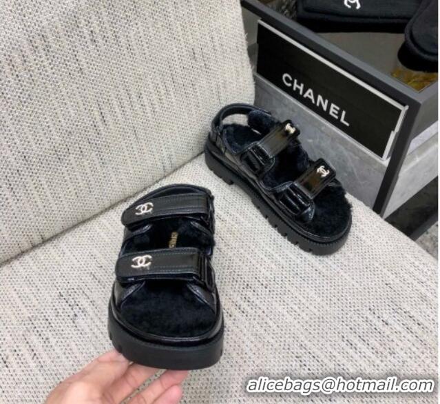 Comfortable Chanel Patent Calfskin and Wool Strap Sandals Black 1201064