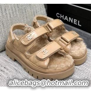 Pretty Style Chanel Patent Calfskin and Wool Strap Sandals Beige 1201065