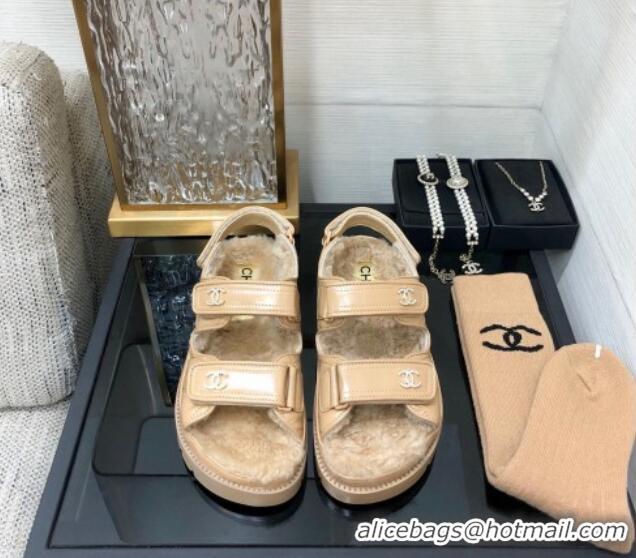 Pretty Style Chanel Patent Calfskin and Wool Strap Sandals Beige 1201065