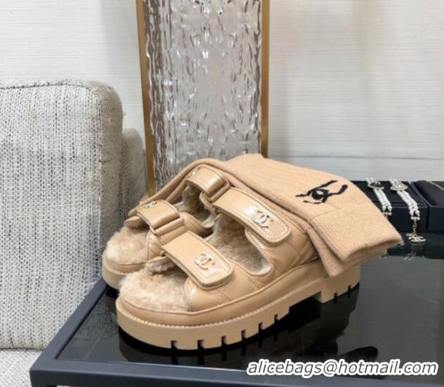 Pretty Style Chanel Patent Calfskin and Wool Strap Sandals Beige 1201065