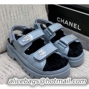 Luxury Chanel Patent Calfskin and Wool Strap Sandals Grey 1201066