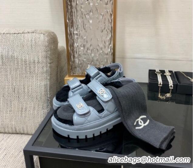 Luxury Chanel Patent Calfskin and Wool Strap Sandals Grey 1201066