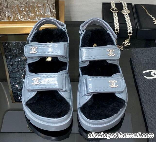 Luxury Chanel Patent Calfskin and Wool Strap Sandals Grey 1201066