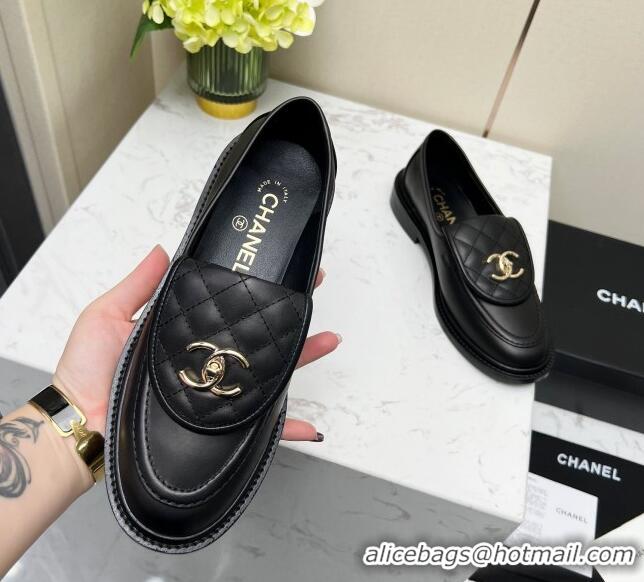 Luxurious Chanel Lambskin Loafers with CC Foldover G45474 Black/Gold 1201067