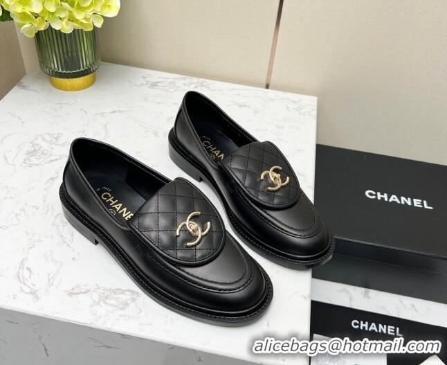 Luxurious Chanel Lambskin Loafers with CC Foldover G45474 Black/Gold 1201067