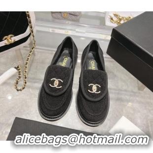 Charming Chanel Corduroy Loafers with CC Foldover G45474 Black/Grey 1201073