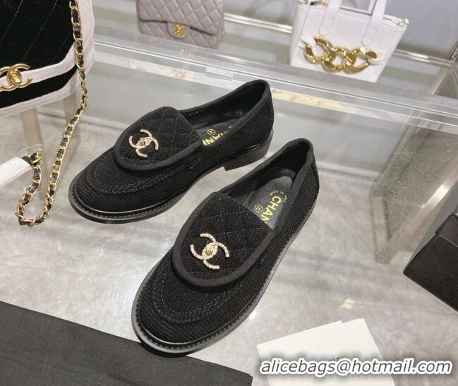 Charming Chanel Corduroy Loafers with CC Foldover G45474 Black/Grey 1201073