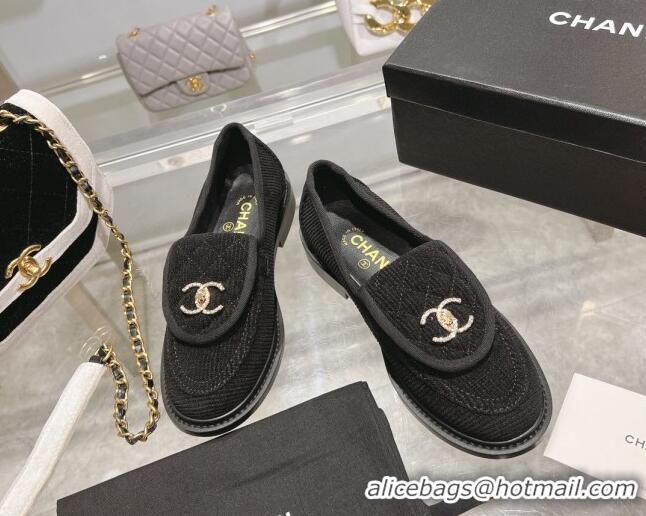 Charming Chanel Corduroy Loafers with CC Foldover G45474 Black/Grey 1201073