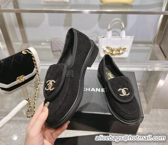 Charming Chanel Corduroy Loafers with CC Foldover G45474 Black/Grey 1201073