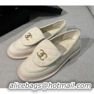 Top Quality Chanel Corduroy Loafers with CC Foldover G45474 White 1201074