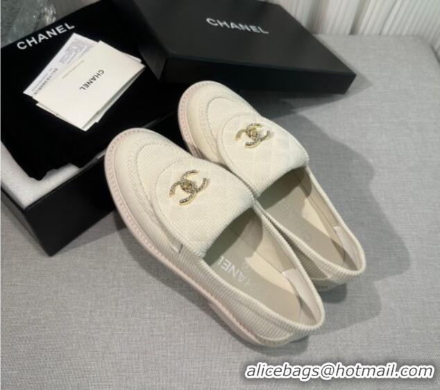 Top Quality Chanel Corduroy Loafers with CC Foldover G45474 White 1201074