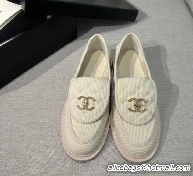 Top Quality Chanel Corduroy Loafers with CC Foldover G45474 White 1201074