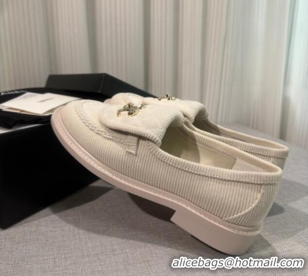 Top Quality Chanel Corduroy Loafers with CC Foldover G45474 White 1201074