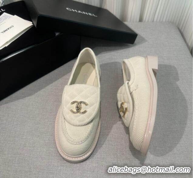 Top Quality Chanel Corduroy Loafers with CC Foldover G45474 White 1201074