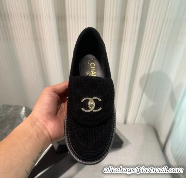 Good Quality Chanel Corduroy Loafers with CC Foldover G45474 Black 1201075