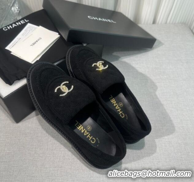 Good Quality Chanel Corduroy Loafers with CC Foldover G45474 Black 1201075