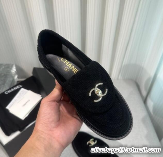 Good Quality Chanel Corduroy Loafers with CC Foldover G45474 Black 1201075