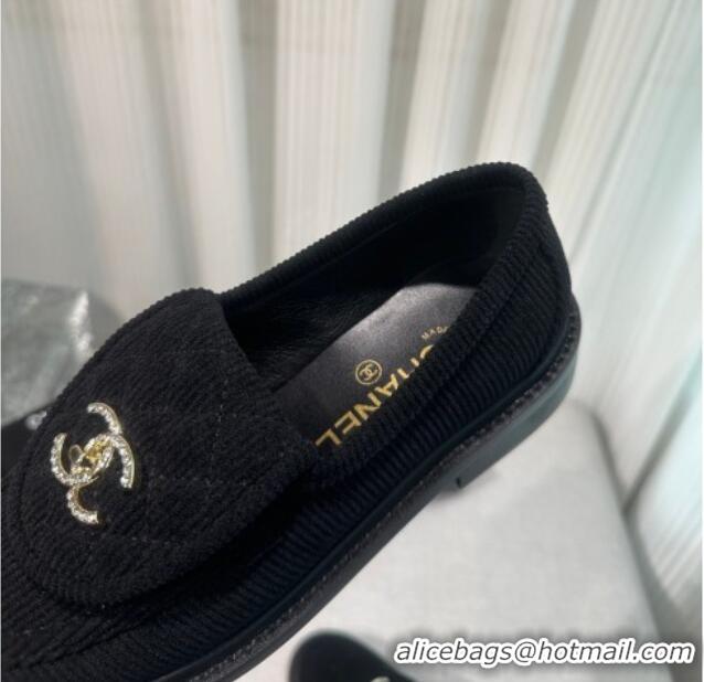 Good Quality Chanel Corduroy Loafers with CC Foldover G45474 Black 1201075