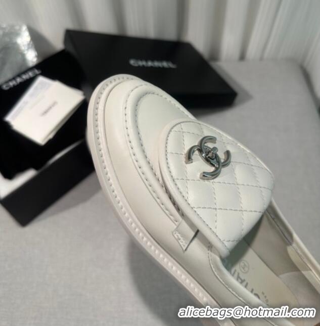 Affordable Price Chanel Lambskin Loafers with CC Foldover G45474 White/Silver 1201076