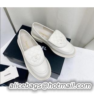 AAAAA Chanel Lambskin Loafers with CC Foldover G45474 All White 1201077