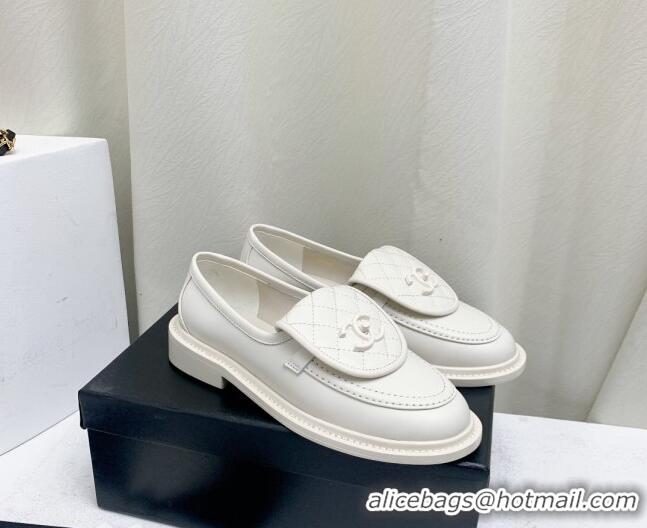 AAAAA Chanel Lambskin Loafers with CC Foldover G45474 All White 1201077