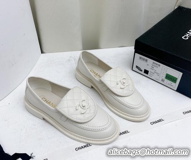 AAAAA Chanel Lambskin Loafers with CC Foldover G45474 All White 1201077