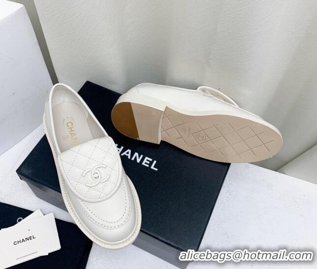 AAAAA Chanel Lambskin Loafers with CC Foldover G45474 All White 1201077