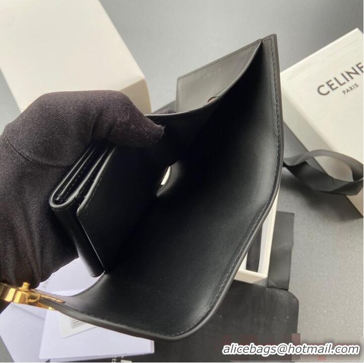 Pretty Style Celine SMALL WALLET TRIOMPHE IN SHINY CALFSKIN 10D783 BLACK