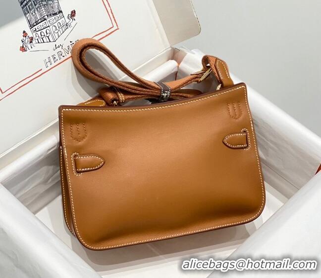 Luxury Discount Hermes Jyspiere Mini bag in Swift Leather with Canvas Strap 0908 Brown/Gold 2023