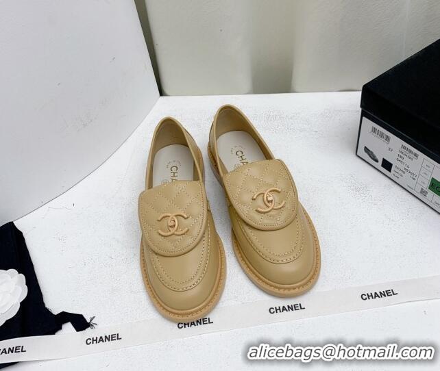 Top Quality Chanel Lambskin Loafers with CC Foldover G45474 Beige 1201078