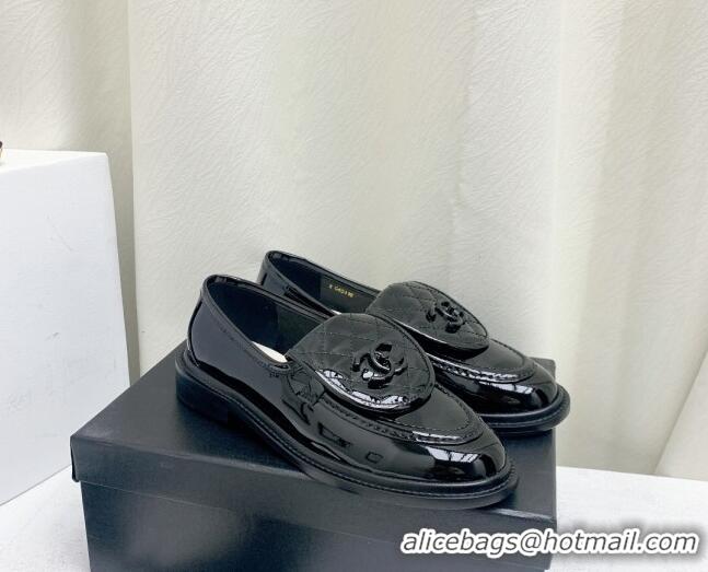 Best Price Chanel Patent Calfskin Loafers with CC Foldover G45474 Black 1201079