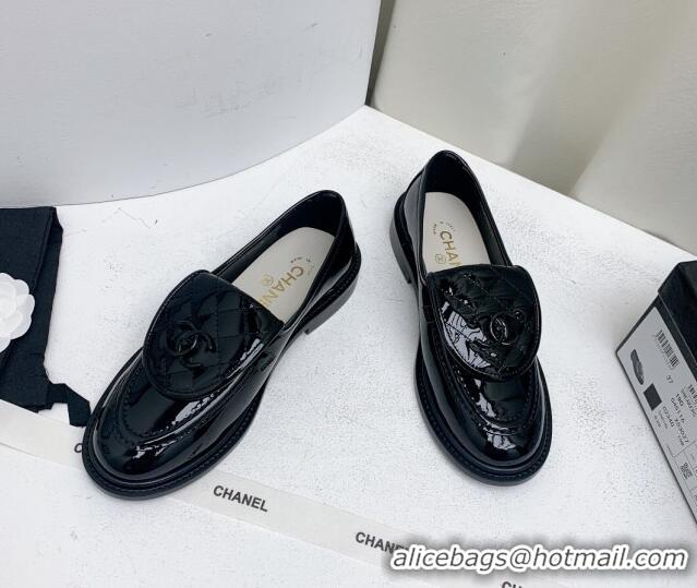 Best Price Chanel Patent Calfskin Loafers with CC Foldover G45474 Black 1201079