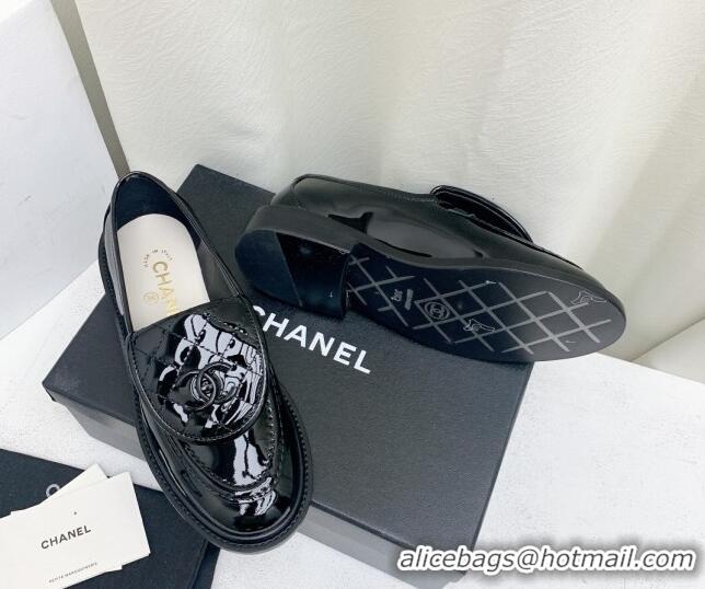 Best Price Chanel Patent Calfskin Loafers with CC Foldover G45474 Black 1201079