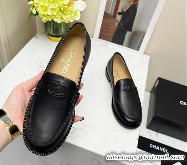 Pretty Style Chanel Calfskin Loafers Black Leather 201082