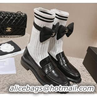 Top Grade Chanel Knit & Calfskin Ankle Boots with Bow White/Black 213009