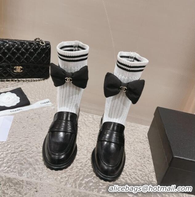 Top Grade Chanel Knit & Calfskin Ankle Boots with Bow White/Black 213009