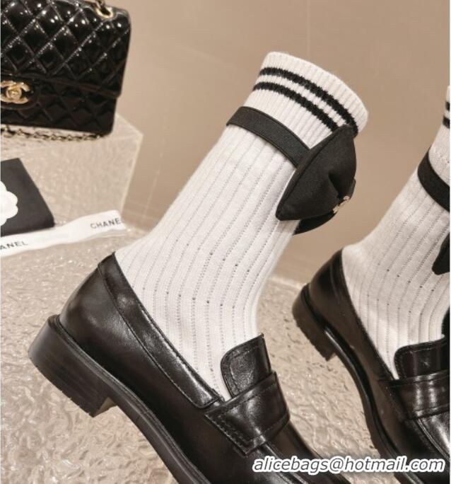 Top Grade Chanel Knit & Calfskin Ankle Boots with Bow White/Black 213009