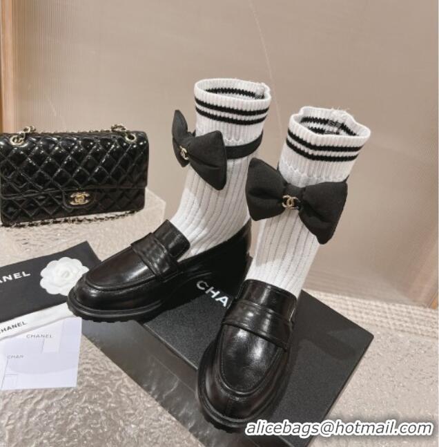 Top Grade Chanel Knit & Calfskin Ankle Boots with Bow White/Black 213009