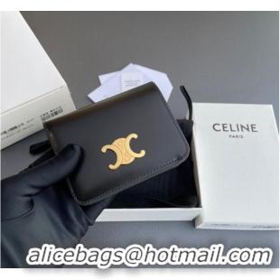 Best Design Celine TRIOMPHE COMPACT WALLET IN SHINY CALFSKIN 10K623 BLACK