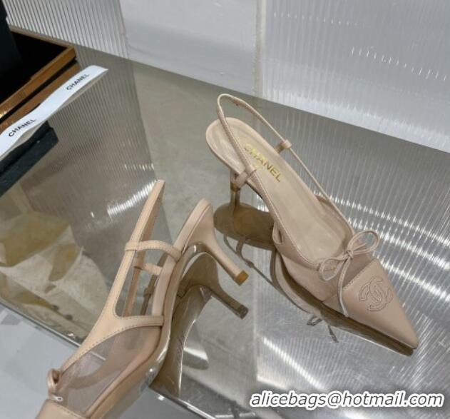 Good Quality Chanel Slingback Pumps 6.5cm in Lambskin and Mesh Apricot 1213003