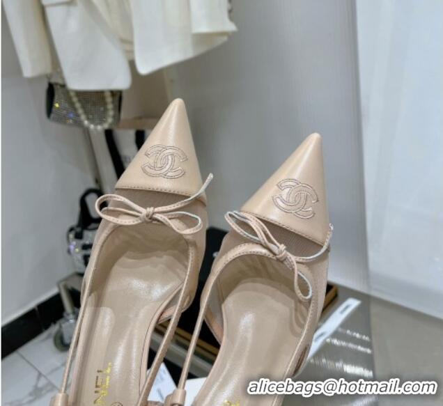 Good Quality Chanel Slingback Pumps 6.5cm in Lambskin and Mesh Apricot 1213003