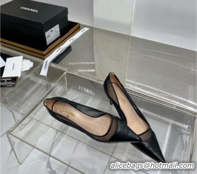 Best Product Chanel Medium Heel Pumps 6.5cm in Lambskin and Mesh Black 1213005