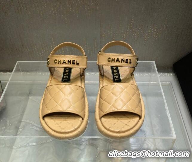 Luxury Chanel Quilted Lambskin Platform Sandals Apricot 1213007