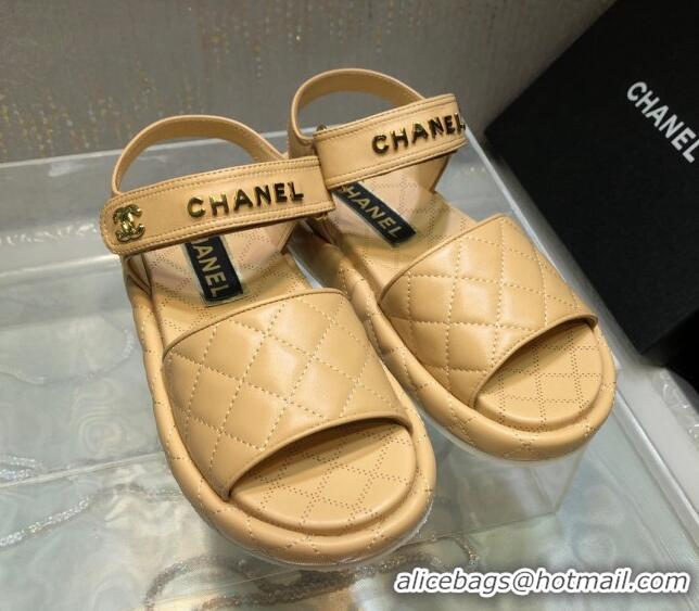 Luxury Chanel Quilted Lambskin Platform Sandals Apricot 1213007