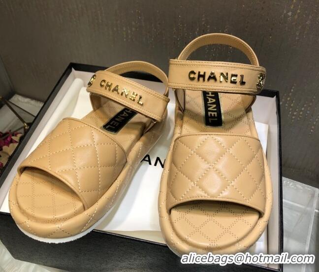 Luxury Chanel Quilted Lambskin Platform Sandals Apricot 1213007