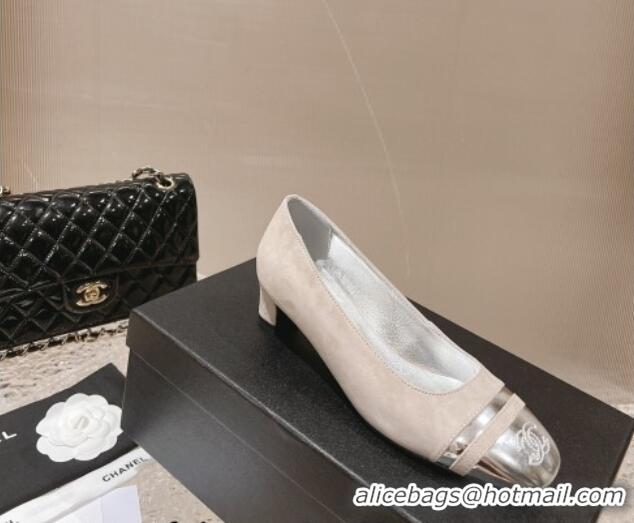 Top Design Chanel Suede & Metallic Leather Pumps 5cm Light Grey 1213012