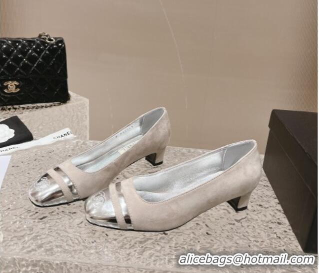 Top Design Chanel Suede & Metallic Leather Pumps 5cm Light Grey 1213012