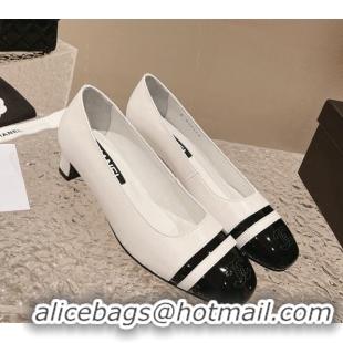 Charming Chanel Patent Calfskin Leather Pumps 5cm White/Black 1213013