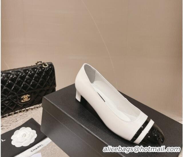 Charming Chanel Patent Calfskin Leather Pumps 5cm White/Black 1213013