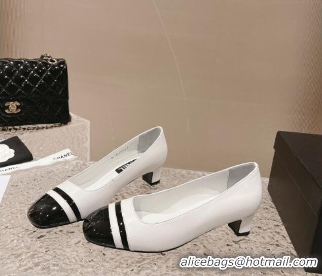 Charming Chanel Patent Calfskin Leather Pumps 5cm White/Black 1213013